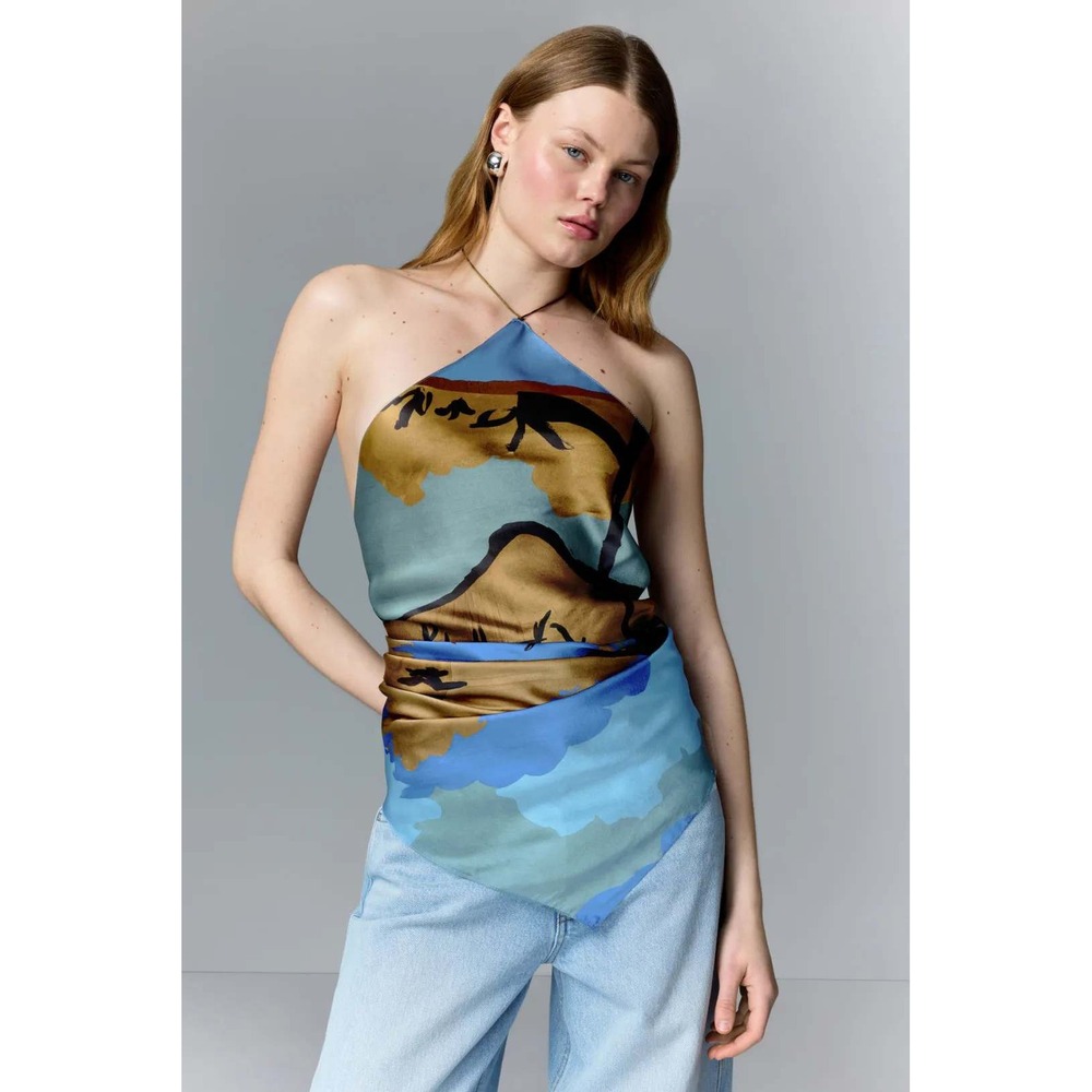 Soleil Soleil Scarf Top Blue Gold Silk Tropical Handkerchief Satin Women OS